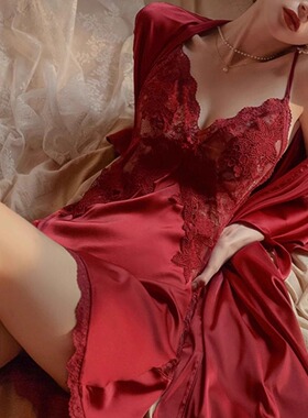 维多利亚性感睡衣女秋季2026新款冰丝红色结婚新娘真丝睡裙本命年