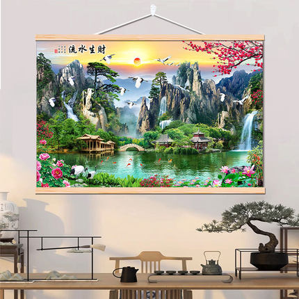 流水生财客厅装饰画中式免打孔年年有余实木卷轴画大瀑布山水挂画