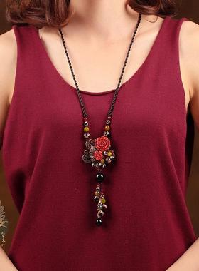 毛线衣项链复古毛衣链红朱砂吊坠配饰女长款挂饰装饰品民族风项链