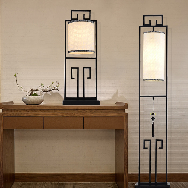 新中式铁艺落地灯仿古布艺台灯简约客厅灯具中式床头立式台灯民宿