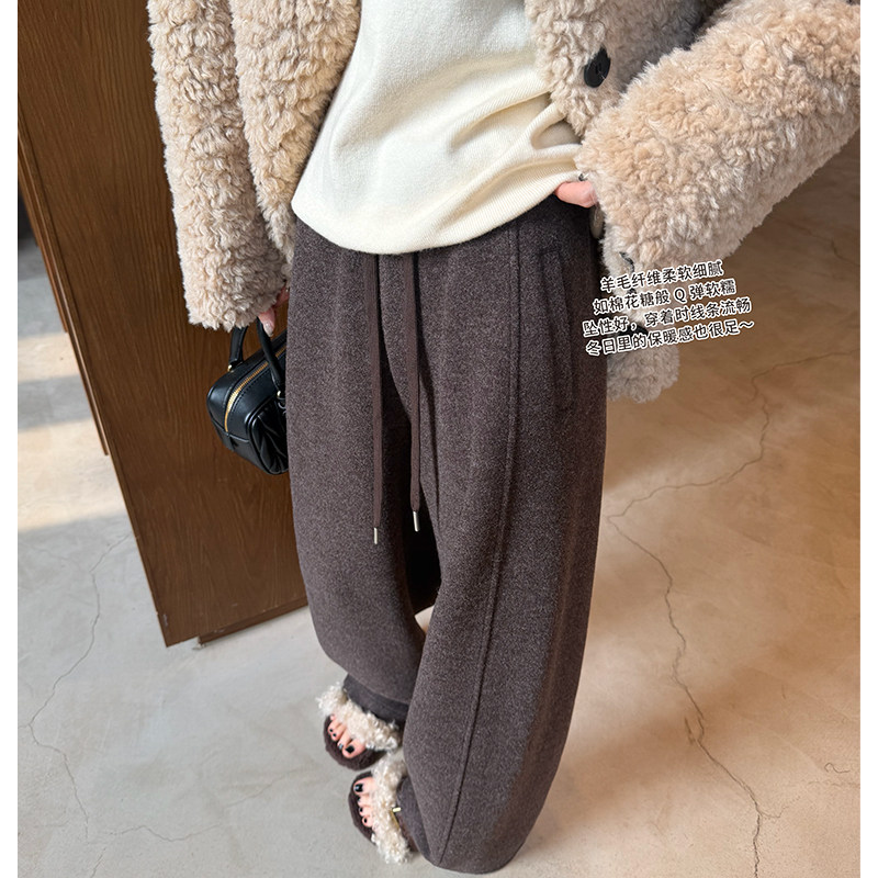 棕咖色澳洲羊毛阔腿裤女秋冬羊毛呢香蕉弯刀裤加绒加厚糯米裤裤子