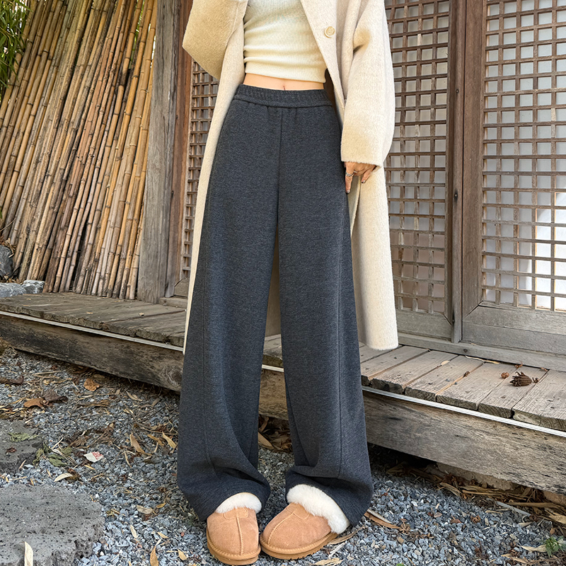 灰色糯米加绒羊毛阔腿裤女