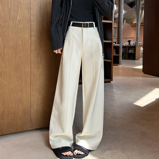 加厚高腰垂感顯瘦寬松休閑西裝 米白色闊腿褲 女秋冬季 新款 直筒衛褲