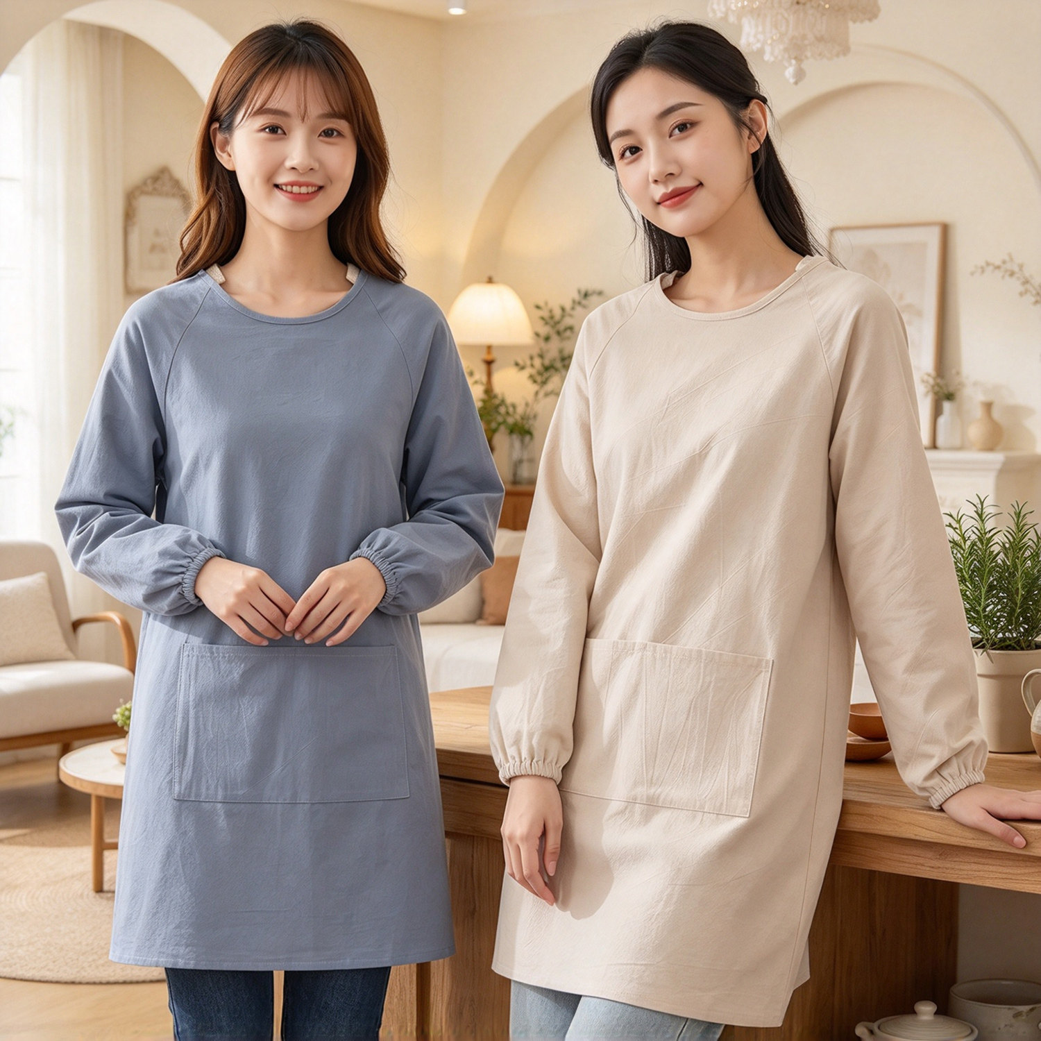 家用厨房围裙纯棉长袖透气工作服女做饭防油耐脏秋冬餐饮厨师罩衣