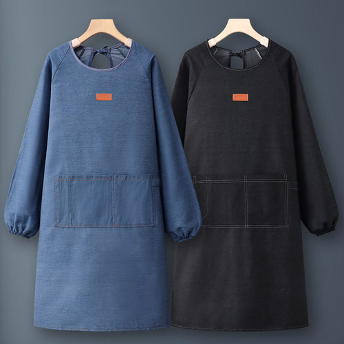 长袖牛仔布围裙定制logo印字罩衣