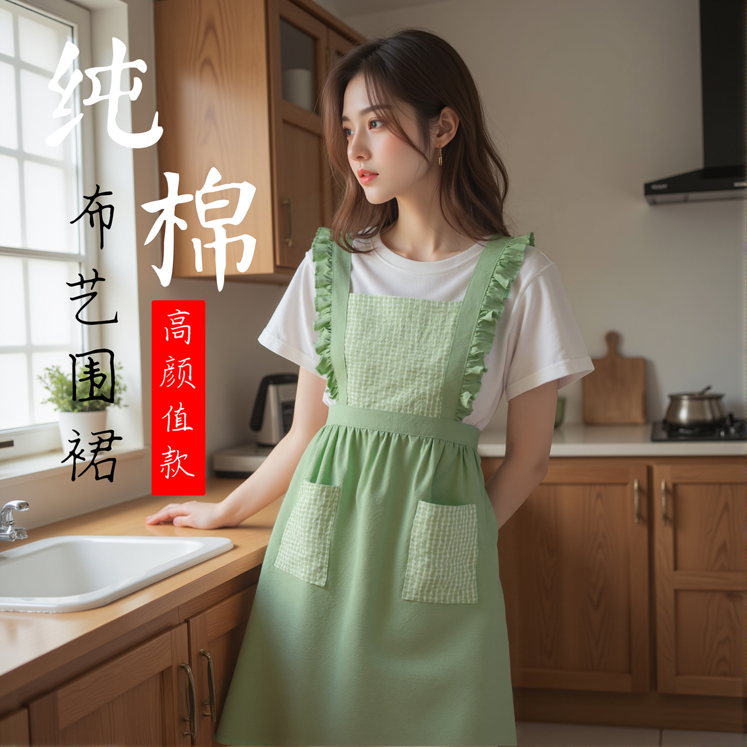 纯棉围裙家用厨房工作服女