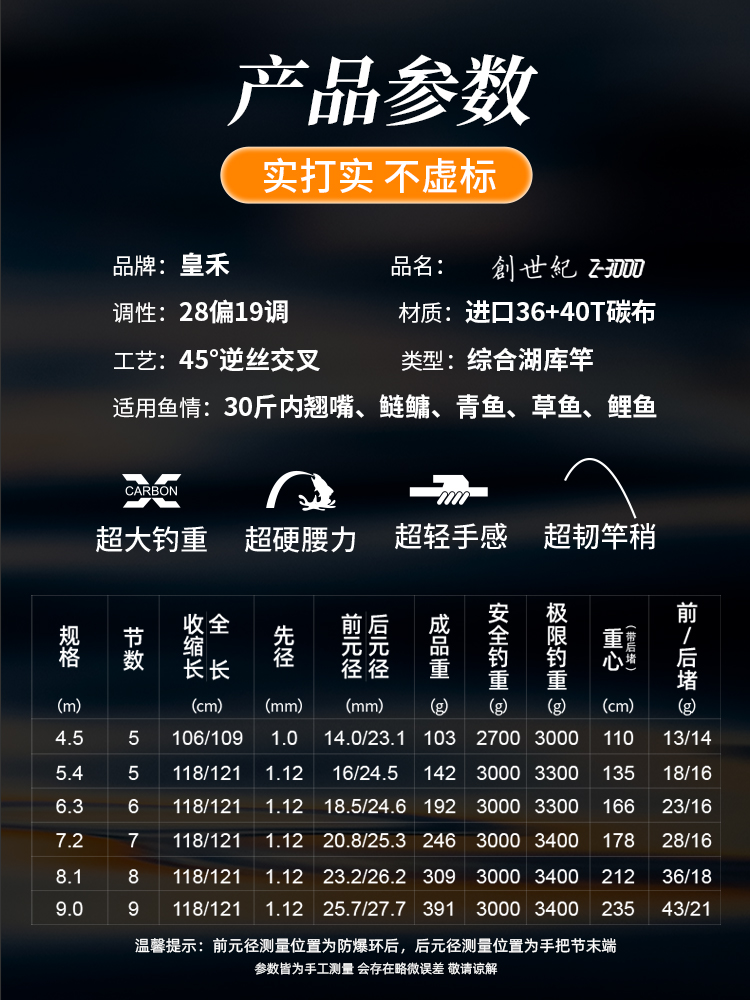 皇禾综合鱼竿湖库手竿超轻超硬28调19轻量大物竿9米8.1手杆鲢鳙竿