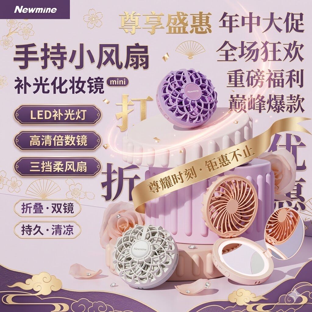 纽曼手持小风扇LED补光灯折叠双镜三挡柔风USB充电便携清洁神器