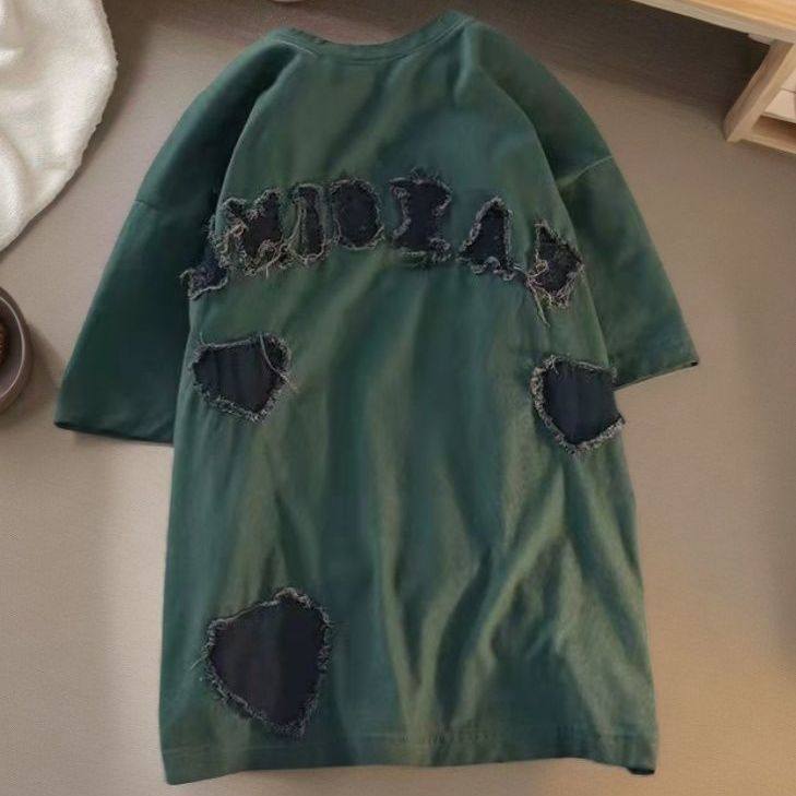 夏复古做旧补丁短袖男女t恤情侣大码300斤上衣ins夏季上衣破烂潮