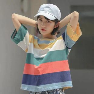 百搭上衣彩虹条纹 新款 短袖 女T恤女学生韩版 宽松ins泫雅风圆领夏季