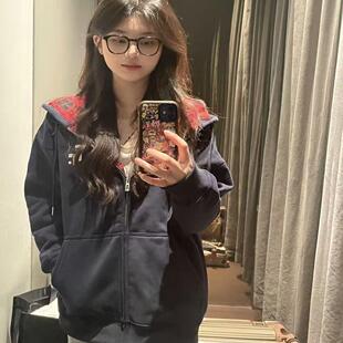 复古撞色格子连帽卫衣女春秋冬宽松慵懒休闲百搭拉链开衫 美式 外套