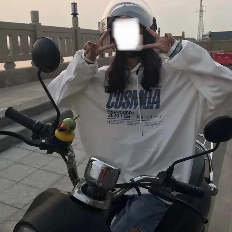 闺蜜装学生连帽薄款白色卫衣女潮ins秋冬季加绒宽松印花长袖上衣