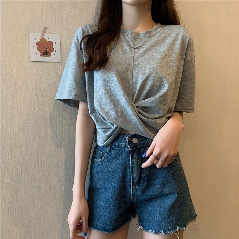短款上衣女宽松韩版2025新款网红新款设计感交叉短袖T恤ins潮修身