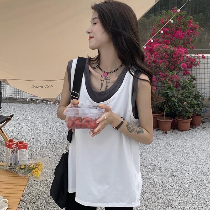 胖MM夏季假两件吊带背心女外穿ins潮宽松显瘦港味无袖t恤运动上衣