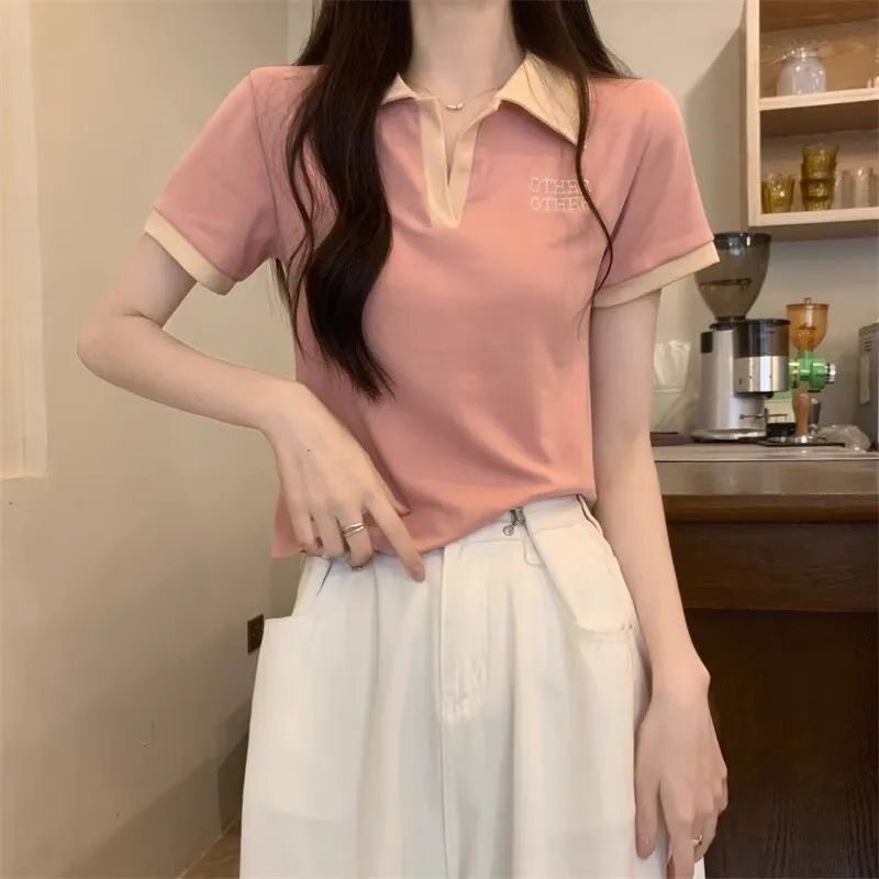 夏装新款正肩polo领上衣设计感小众短袖女T恤宽松显瘦辣妹高级感