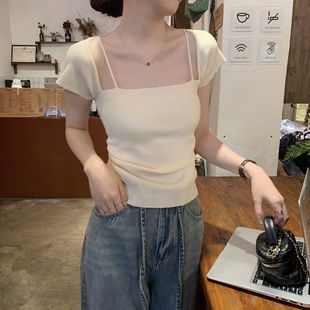 上衣带胸垫潮风 纯欲风辣妹方领短袖 女学生夏季 新款 设计感抽褶修身