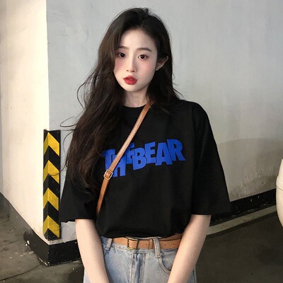 后背小熊印花白色短袖t恤女夏季休闲宽松半袖上衣2026年新款女款