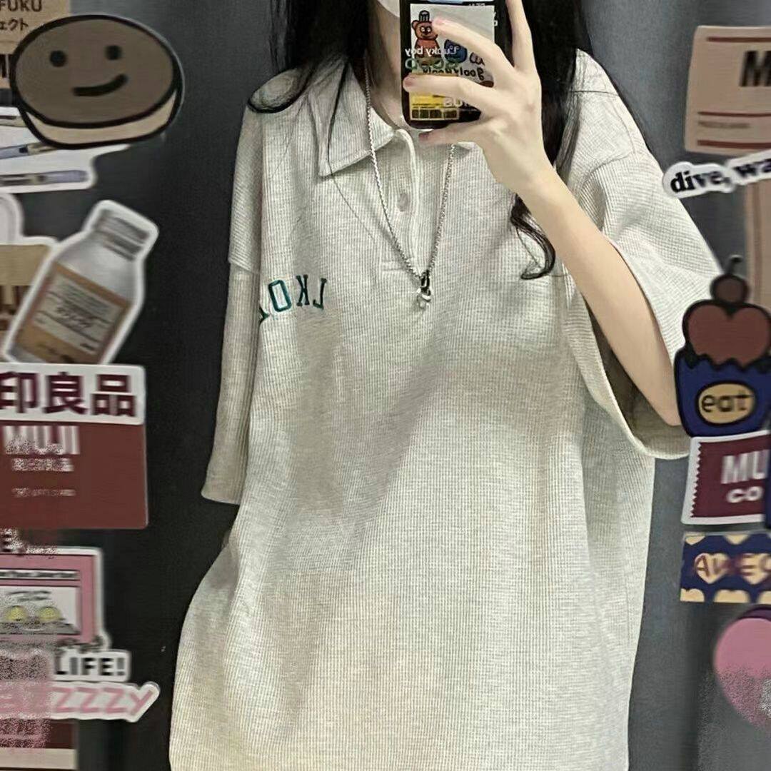 美式复古polo衫短袖夏季新品T恤女纯色学生字母宽松原宿bf风上衣