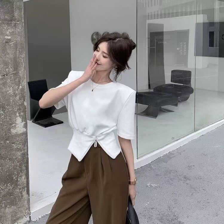 2026新款韩版时尚设计感宽松收腰显瘦拉链开叉短袖T恤女款上衣潮