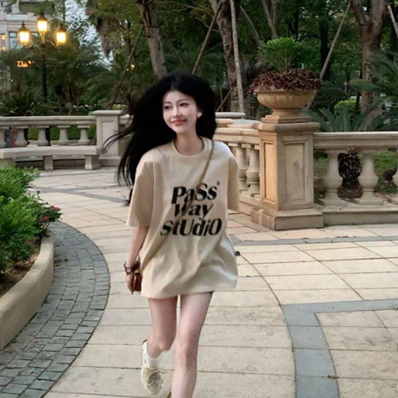 ins潮美式慵懒风杏色短袖T恤女宽松百搭韩版纯欲盐系遮肉学生上衣