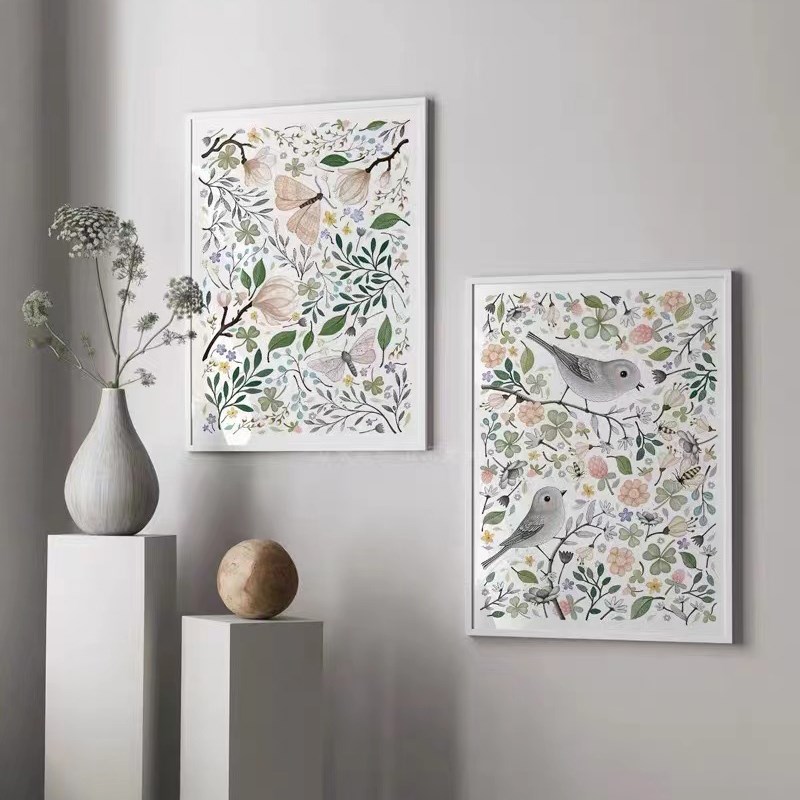 小众手绘水彩小清新复古植物花卉小鸟客厅组合装饰画挂画画芯定制图片