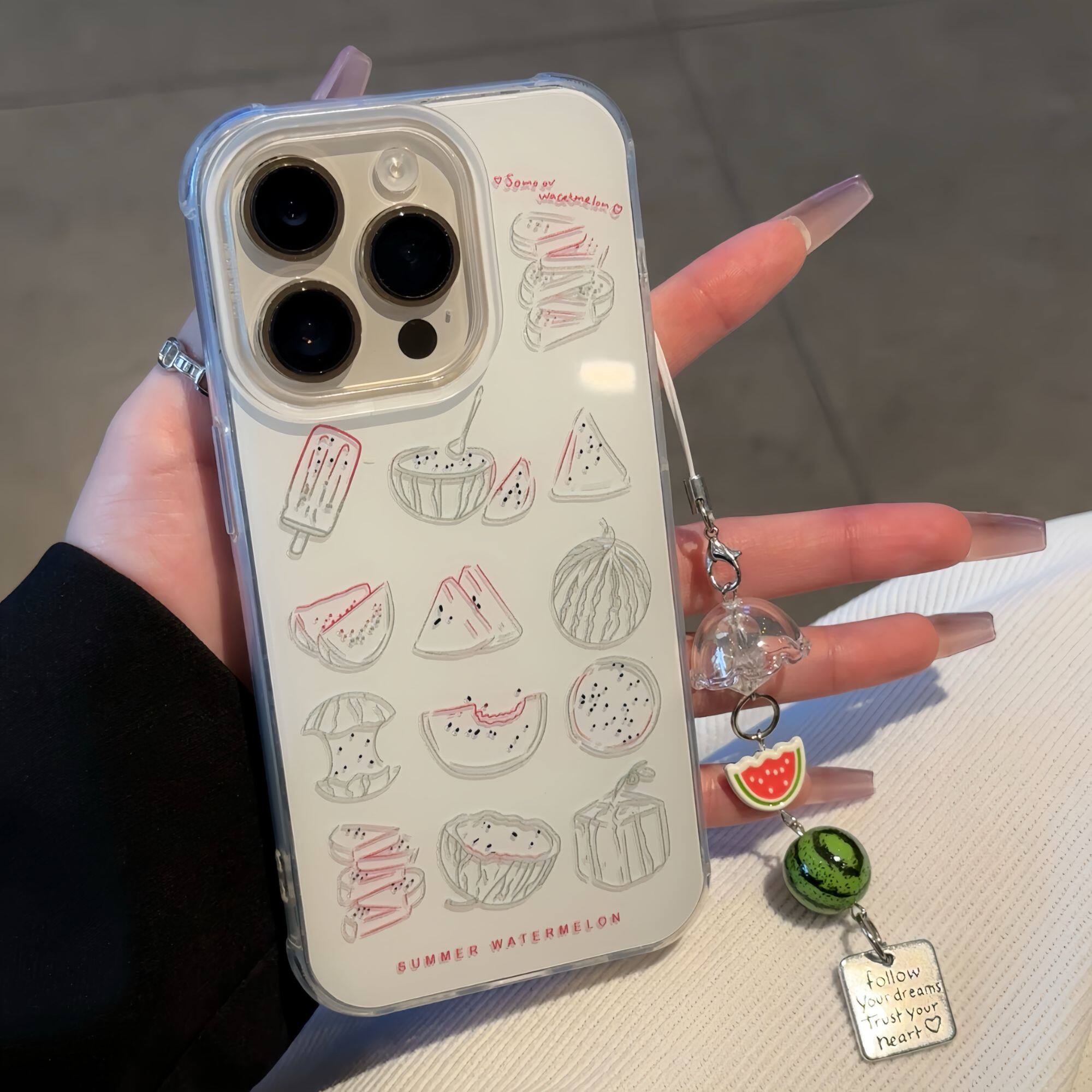 夏日手绘西瓜挂坠适用苹果16手机壳iPhone15promax/14小清新13Pro网红超火12/11xr华为vivo荣耀oppo小米红米