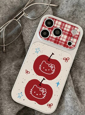 红色格纹猫咪适用苹果17pro手机壳全包Air小羊皮大视窗iPhone16promax个性时尚金属漆15可爱1413保护套新女款
