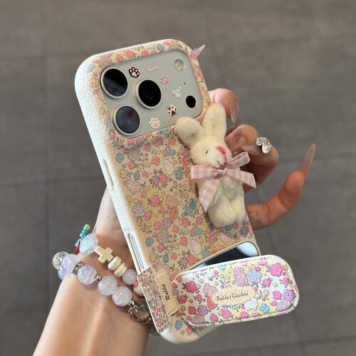 碎花毛绒兔子苹果17手机壳皮纹