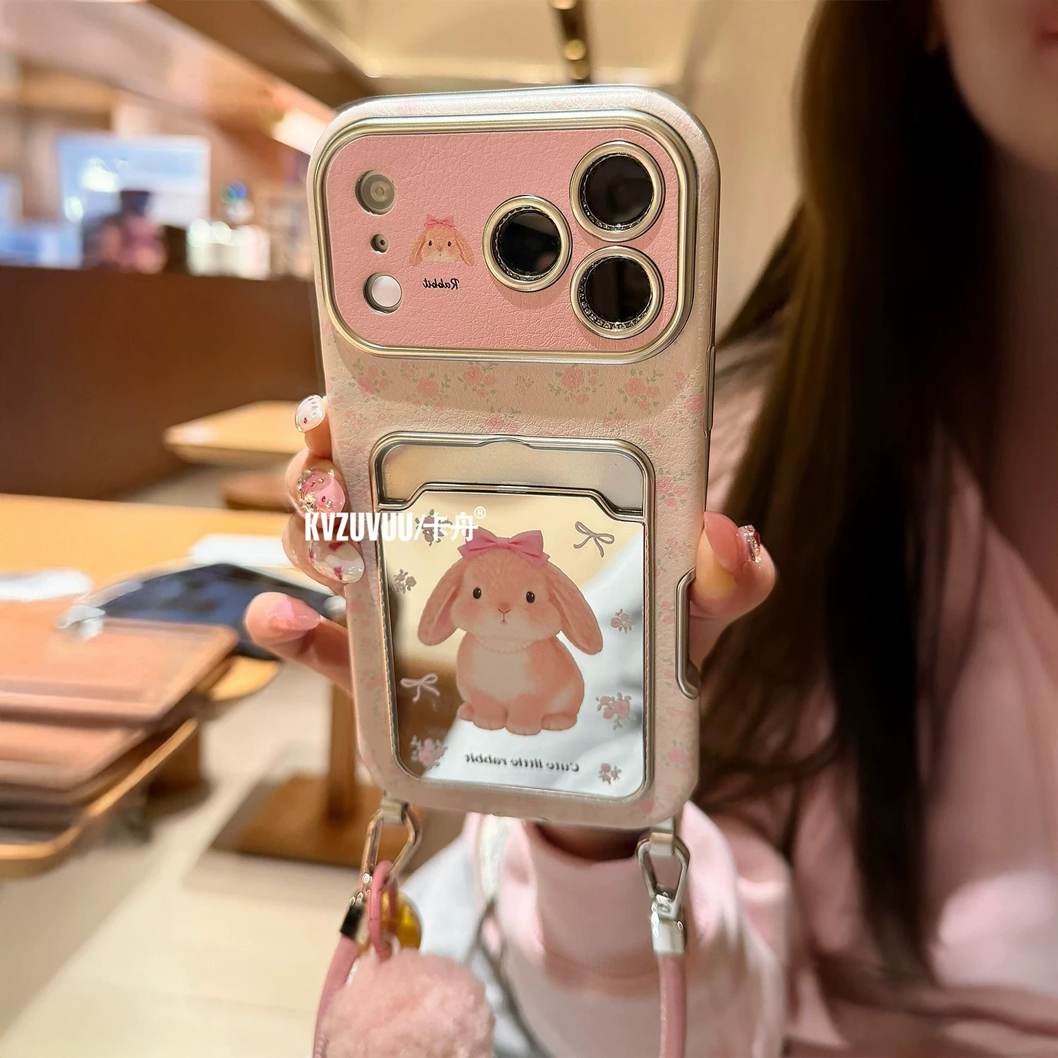 粉色蝴蝶结碎花兔子适用于苹果18pro手机壳iphone17promax大视窗镜面卡包16可爱卡通15新女款14小羊皮13全包