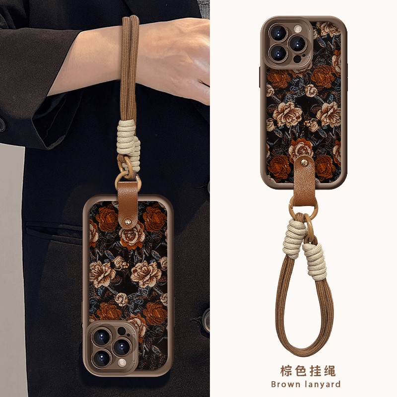 咖色复古花朵手链适用苹果17手机壳iPhone16promax秋冬15新女款14糖果阶梯小米13Pro时尚华为荣耀vivoppo红米