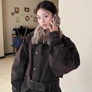 麂皮可拆卸毛领收腰外套女单排扣宽松大衣显瘦保暖系带派克服上衣