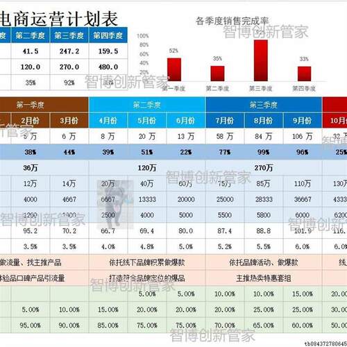 全年度12个月电商运营计划销售目标完成率工作任务表格excel模版