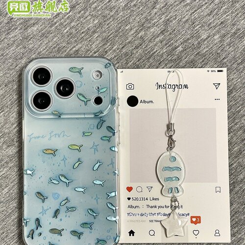 ins韩风鎏金海蓝满屏小鱼适用苹果17promax手机壳iphone16pro新款15带挂饰14双层13女17全包防摔保护套pm小众
