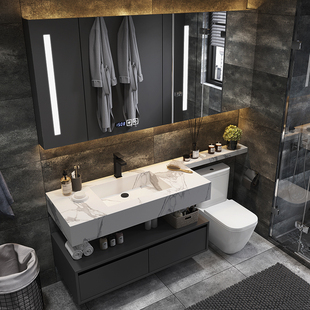 新款 岩板一体盆浴室柜组合现代简约洗脸洗手池洗漱台卫生间马桶延