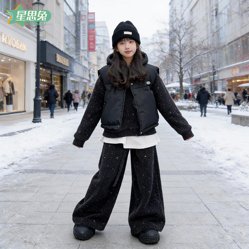 女童韩系休闲冬款套装加绒卫衣羽绒马甲加厚阔腿裤儿童保暖叠穿款