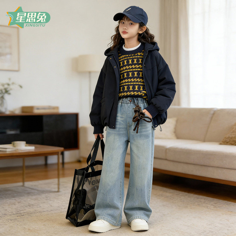 韩版女童洋气棉服夹棉外套毛衣打底牛仔裤冬季加绒加厚套装