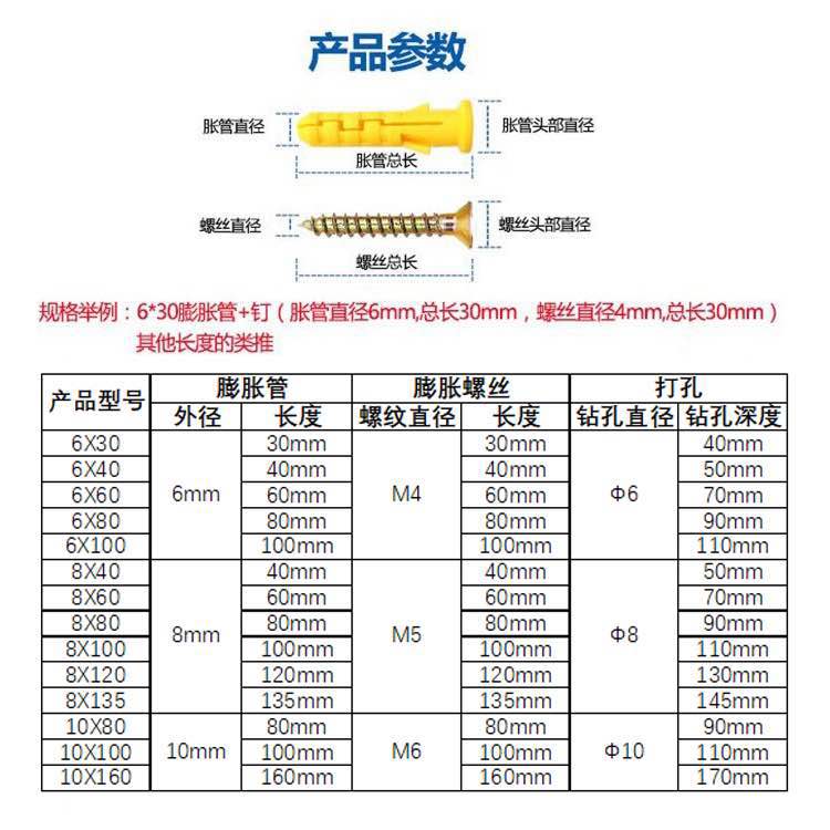 通用小黄鱼涨塞塑料膨胀管螺丝尼龙加长自攻钉胀栓8Omm6mm国标10m