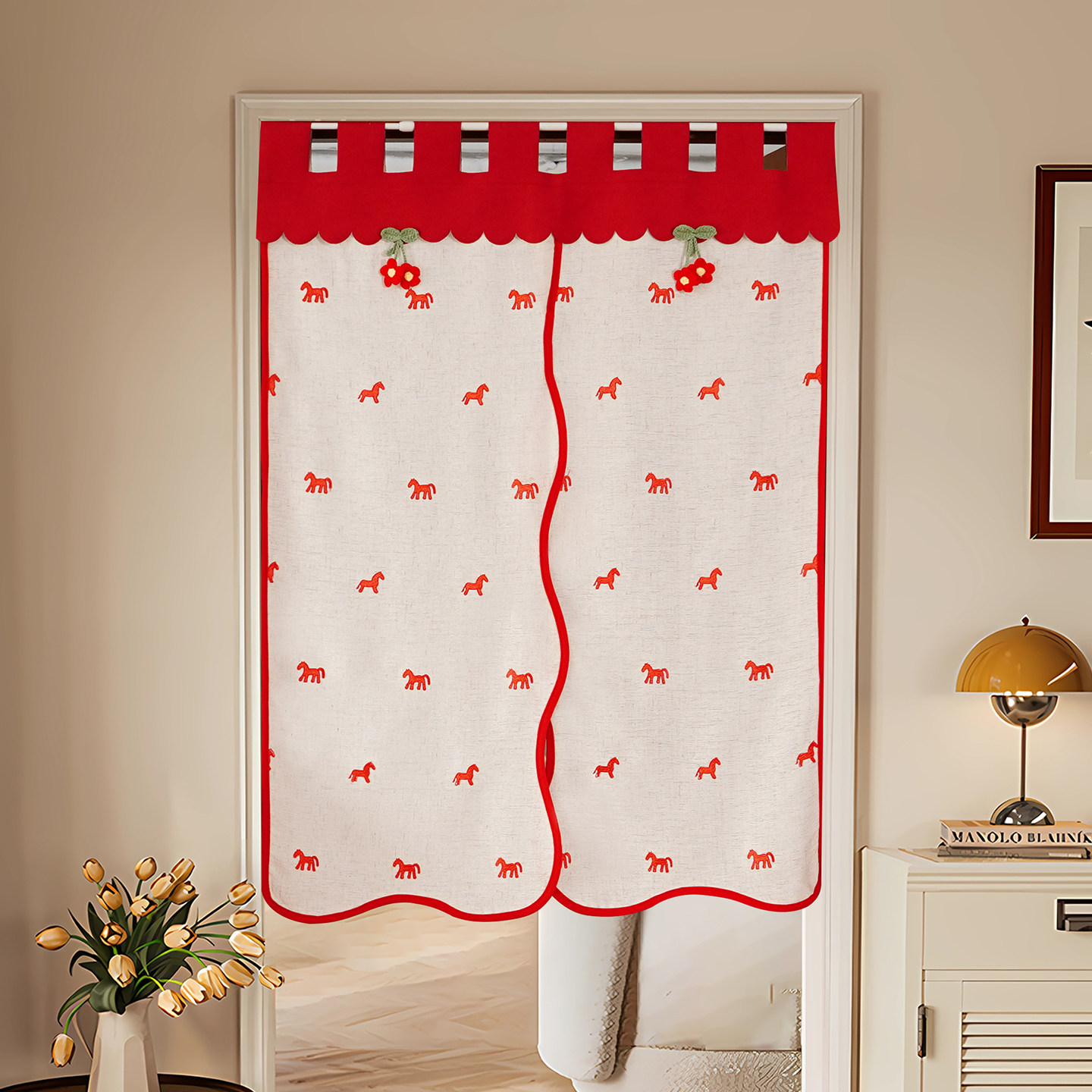 红色小马门帘半帘新中式喜庆卧室客厅遮挡布帘婚房布置隔断遮光帘