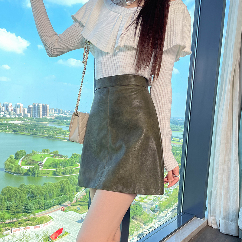 绿色PU皮半身裙女2025