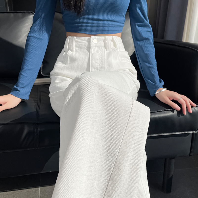 美式白色牛仔阔腿裤女