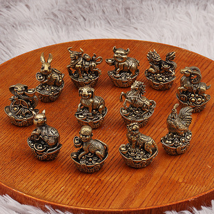 黄铜十二生肖香插底座金元 宝生肖线香香托全铜香熏蚊香线香座摆件