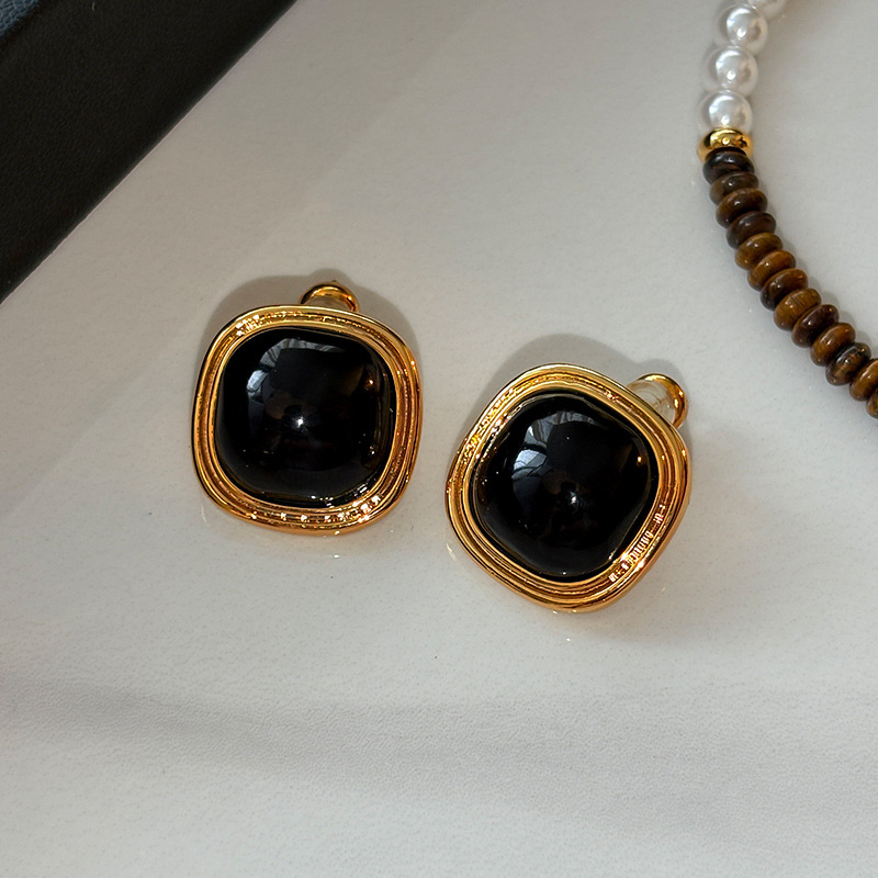 黑色方形玛瑙复古耳钉女高端轻奢