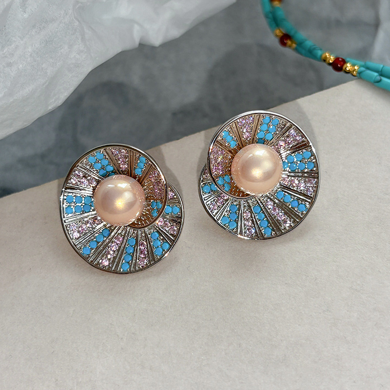 复古高级感满钻耳钉女925银贝壳