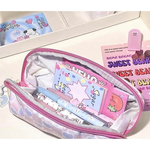 爱心格子软fufu笔袋韩系可爱女生少女心大容量桌面收纳学生文具盒