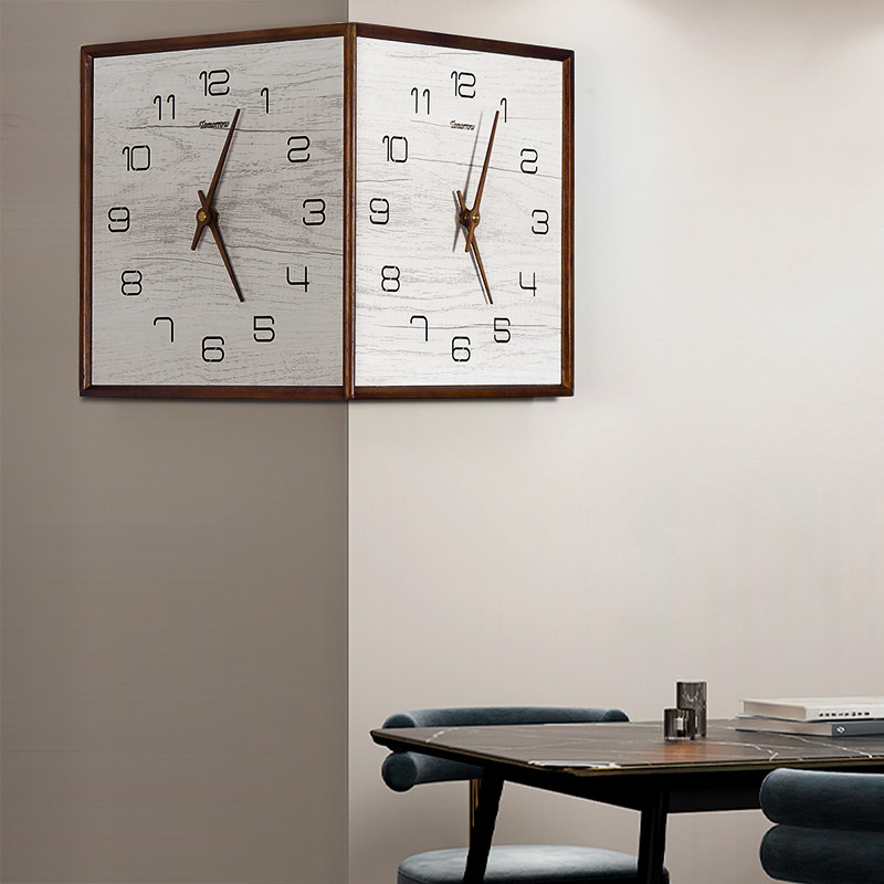 精选汉时创意墙面转角双面挂钟方形实木客厅餐厅墙角静音阳角挂钟,家居饰品,挂钟,淘宝优惠券,粉丝福利购,淘宝优惠卷