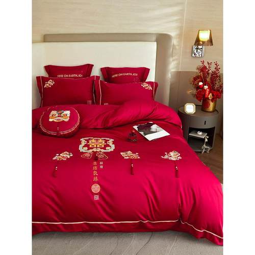 恒洽家纺浪漫婚庆全棉床单款四件套100S刺绣结婚中式被套床上用品