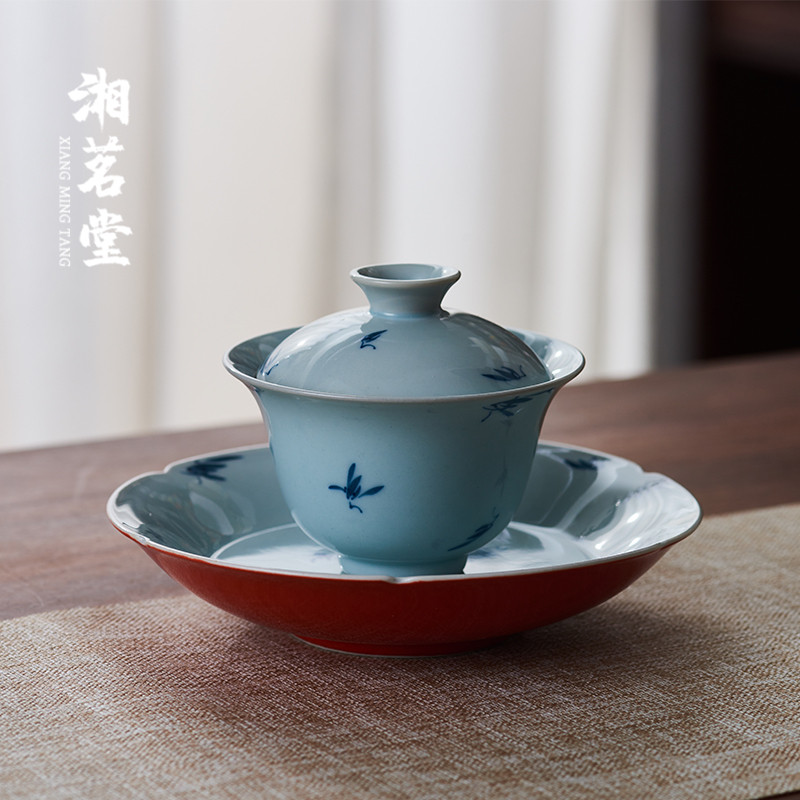 陶瓷手绘兰花盖碗青花瓷敬茶碗单个不烫手茶碗套装薄胎茶杯子茶具