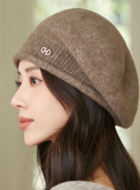 帽子女秋冬新款中年韩版保暖百搭复古贝雷帽报童毛线针织帽套头帽