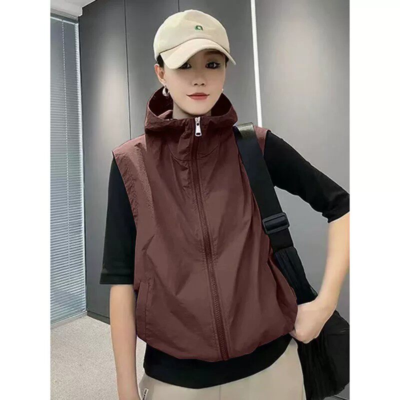 【带网纱】防晒衣马甲女短款休闲百搭大码宽松薄款透气连帽马夹