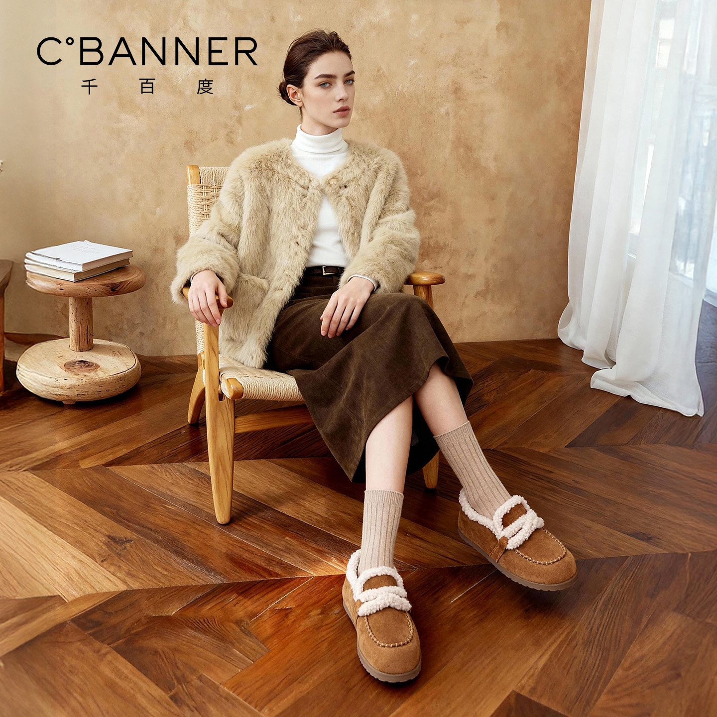千百度加绒毛绒勃肯鞋女冬季新款